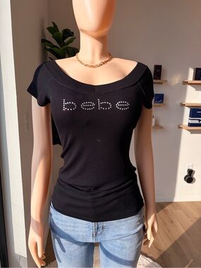 bebe Black Short Sleeve Rhinestone Logo Tee